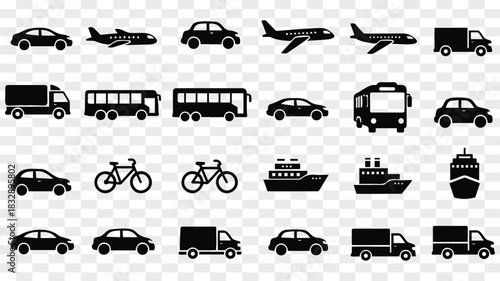 Transportation Vehicle Icons Set in Black Silhouette Style Vector Illustration