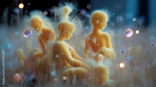 Abstract yellow figures stand amid delicate grasses with ethereal spheres floating on the background
