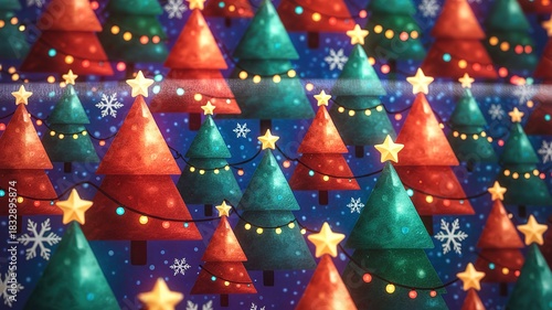 Red and teal Christmas trees twinkle with lights, adorned with star toppers