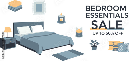 Bedroom essentials sale with up to 50% off isolated on white background