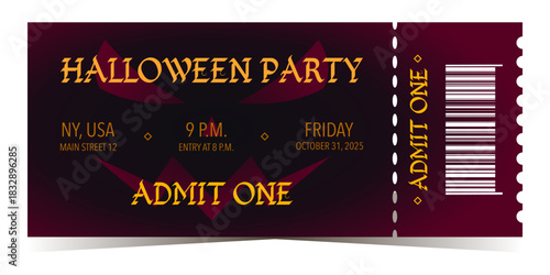 Halloween party ticket template with smiling scary face and event details. Vector illustration