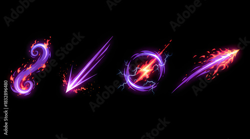 Four distinct 2D VFX effects on a black background. Varied shapes and colors include circular explosions, sharp slashes, energy bursts, and arcane pulses.