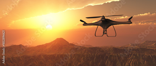 Drohne in einer Gebirgslandschaft bei Sonnenuntergang