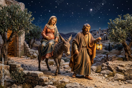 Nativity scene with Mary and Joseph traveling to Bethlehem. A pregnant Mary rides a donkey as Joseph leads with a lantern under a starry night sky.
