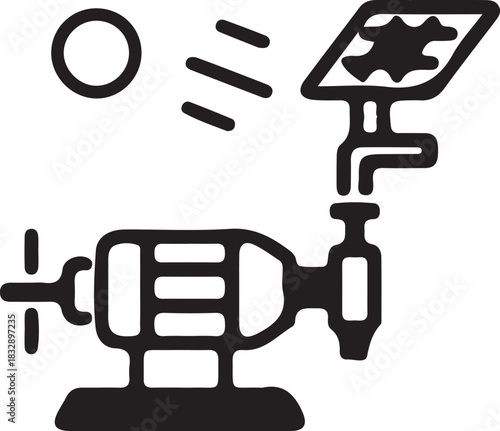 Silhouette of a solar powered water pump system with a propeller and sun isolated on transparent background