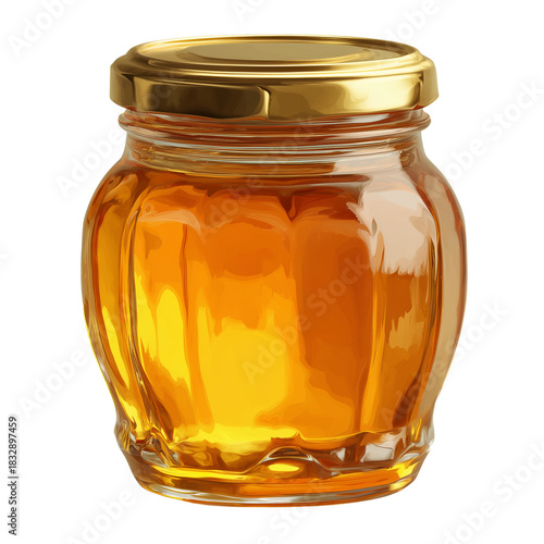 Golden Honey in a Glass Jar With a Shiny Lid on a Plain White Background
