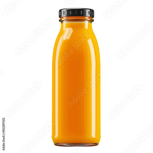 Fresh Orange Juice in a Clear Glass Bottle on a Bright Surface