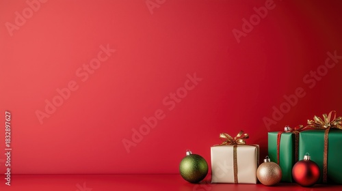 Festive christmas gifts and ornaments on red background