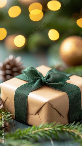 Festive gift box with green ribbon surrounded by holiday decorations and lights