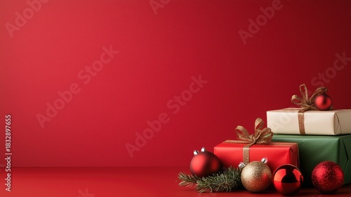 Christmas gift boxes and ornaments on red background
