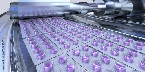 Fotografía Automated pharmaceutical production line with purple medical pills in blister packs on conveyor belt