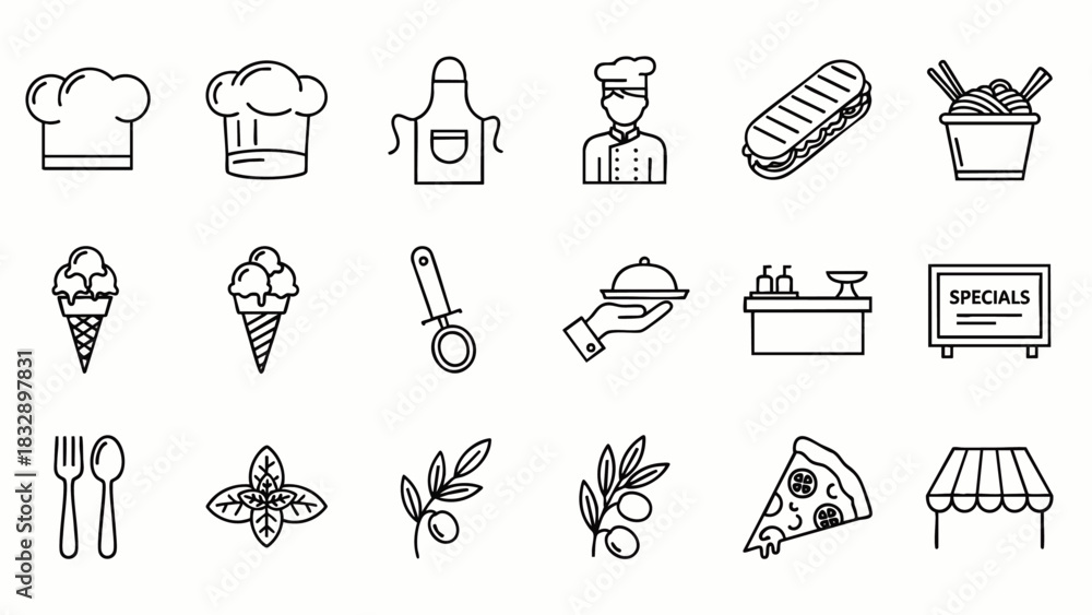 Fototapeta premium A collection of minimalistic line icons representing various elements related to the culinary arts, including chefs, food items, and kitchen equipment.