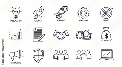 A collection of minimalist line art icons representing various business concepts, including innovation, strategy, goals, and marketing initiatives.