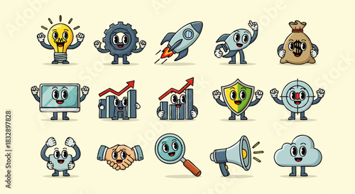 This cartoon vector illustration features a collection of business, technology, and finance icons with a retro character design for a fun, vintage feel.