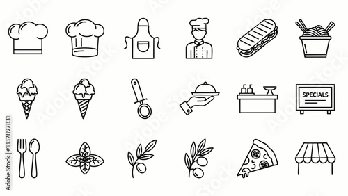 A collection of minimalistic line icons representing various elements related to the culinary arts, including chefs, food items, and kitchen equipment.