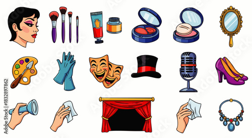A charming collection of colorful cartoon illustrations depicting various theatrical elements, from makeup to props and stage equipment, perfect for creative projects.