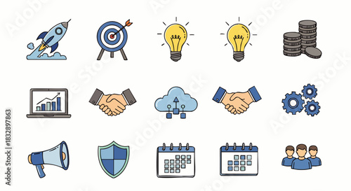 A collection of business-themed icons, featuring elements like a rocket launch, target, lightbulb, handshake, and calendar, all in a clean, modern style.