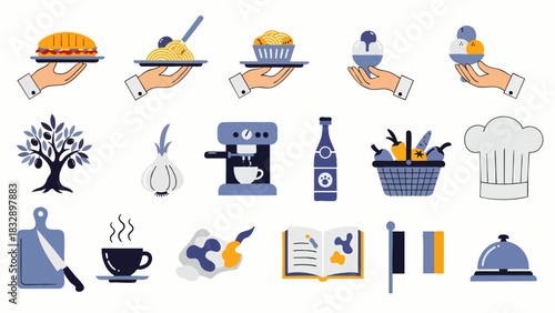 A collection of vector illustrations depicting various food-related items, including desserts, drinks, ingredients, and cooking utensils, presented in a crisp style.