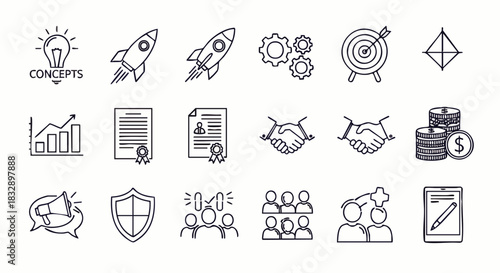 This vector graphic showcases a collection of business icons, ideal for illustrating concepts related to startups, teamwork, and financial growth in presentations.