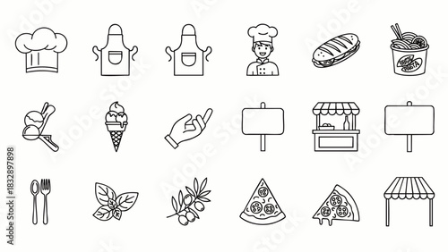 A set of food and cooking icons in a simple, minimalist outline style, perfect for culinary websites, menus, or recipe blogs, offering a clean and modern aesthetic.