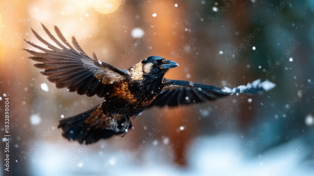 Obraz premium A majestic raven gracefully soars through the falling snow, capturing the beauty of nature in winter, showcasing its powerful wings and striking features amidst a blurred background.