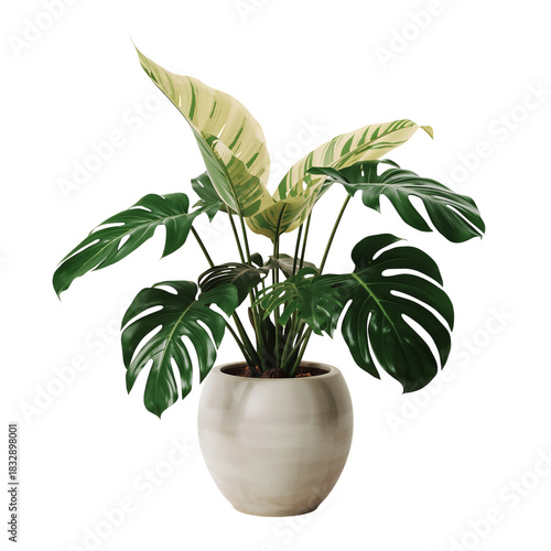 Indoor Plant Display With Monstera Leaves in a Stylish Pot for Brightening Ho...