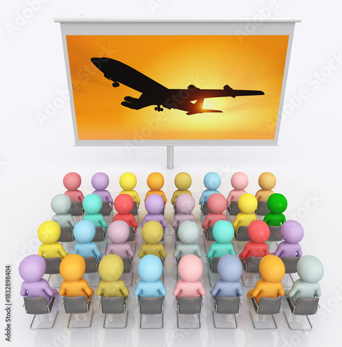 Filmvorführung mit der Silhouette eines Verkehrsflugzeuges vor einem Sonnenuntergang