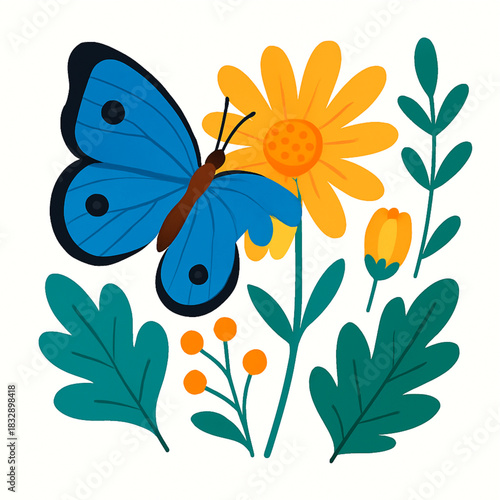Minimalist and vibrant vector collection of different butterfly species sitting on spring and summer flowers. Flat design for digital projects, greeting cards, and nature-themed graphics.