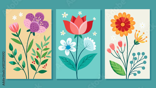 Collection of three stylized floral illustrations with vibrant colors and simple shapes on pastel backgrounds