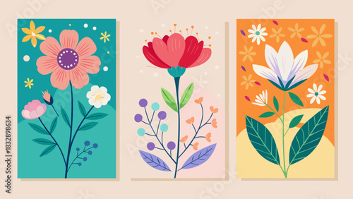 Three stylized floral illustrations with different flower designs and color palettes on light backgrounds
