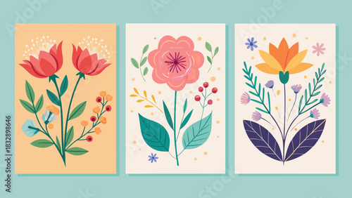 Three panels of stylized folk art floral illustrations in warm and pastel colors