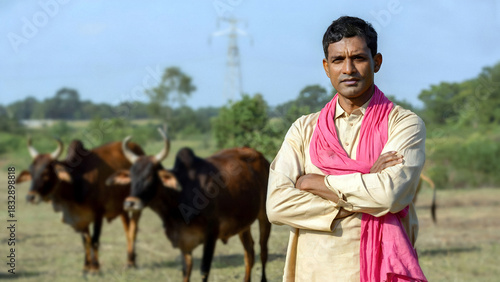 Confident Indian farmer with livestock in rural field embodies sustainable agriculture and timeless tradition