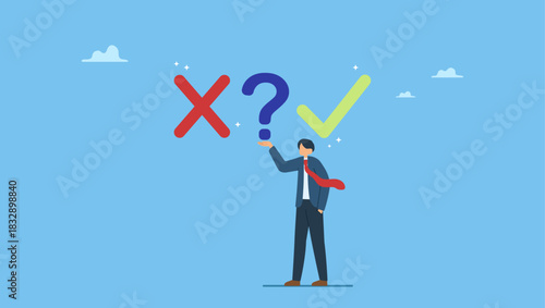 Businessman choosing right or wrong decision. Decision making right or wrong, decide or determination to solve problem, solution, choice or choosing pathway, thinking or challenge for result.