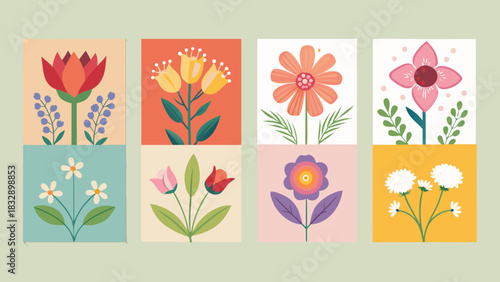 A vibrant collage of eight stylized floral illustrations in a grid layout