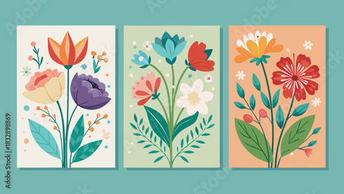 Three panels of stylized floral illustrations with vibrant colors and simple shapes in a modern flat design