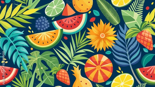 Vibrant tropical fruit and palm leaves pattern on a dark blue background summer design