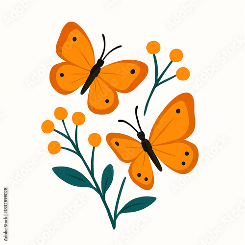 Minimalist and vibrant vector collection of different butterfly species sitting on spring and summer flowers. Flat design for digital projects, greeting cards, and nature-themed graphics.