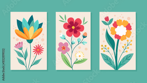 Three framed floral illustrations with a vibrant and colorful botanical theme
