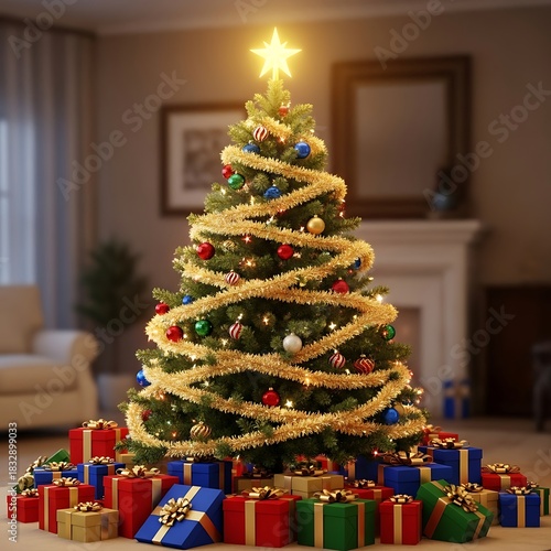 Decorated christmas tree with gifts in living room
