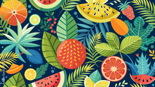 Vibrant tropical fruit and leaf pattern on dark blue background for summer vibes
