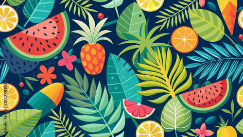 Vibrant tropical fruit and palm leaf pattern on a dark blue background for summer design
