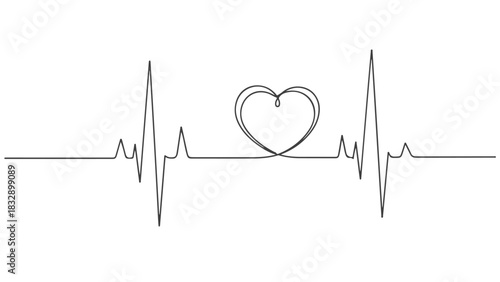 A continuous one line art heart incorporated into a heartbeat EKG line graphic