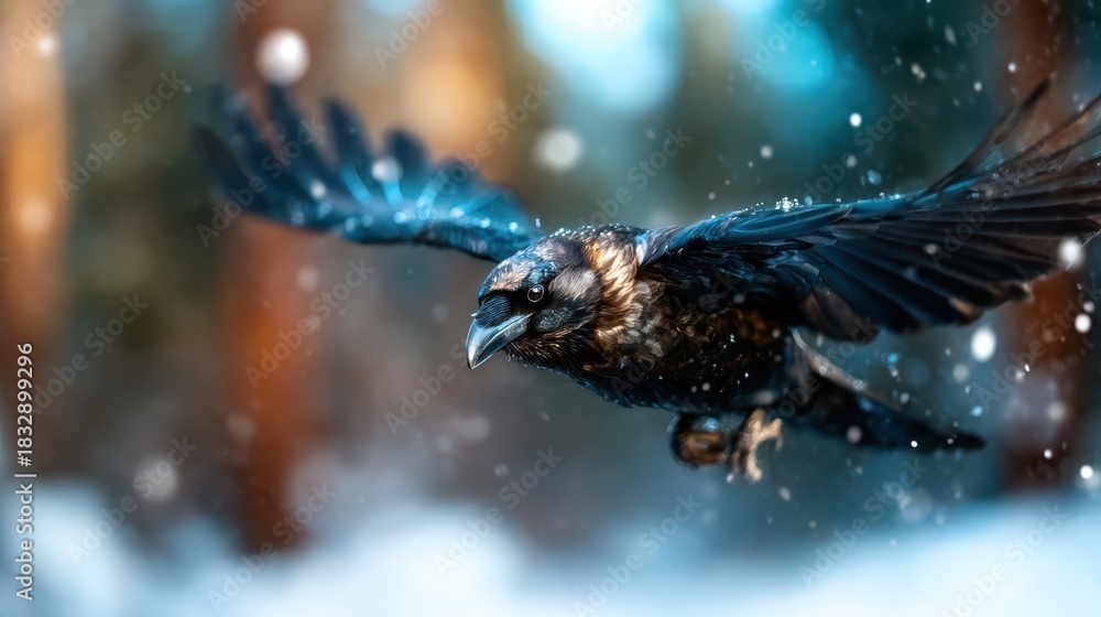 Fototapeta premium A striking raven captured mid-flight through a snowy forest, its wings spread wide while snowflakes fall, showcasing the beauty and grace of nature in winter.