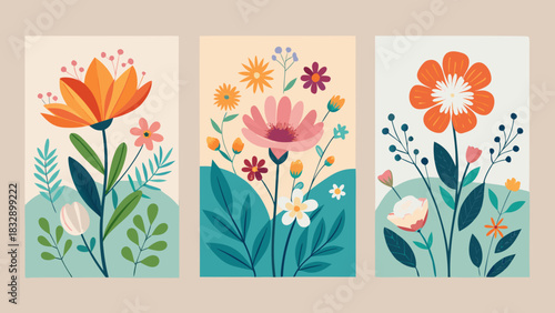 Set of three abstract floral illustrations with vibrant colors and organic shapes on pastel backgrounds