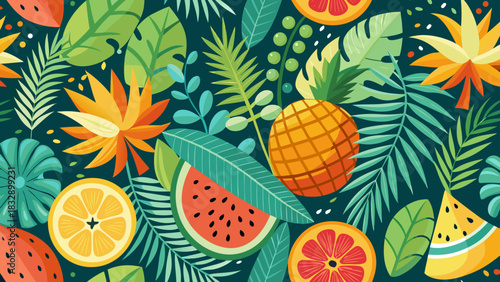 Vibrant tropical fruit and leaf pattern with pineapple watermelon and citrus on dark green background