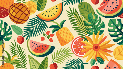 Vibrant tropical fruit and leaf pattern with pineapples watermelon oranges and flowers