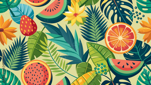 Vibrant tropical fruit and leaf pattern illustration with watermelon orange strawberry and flowers