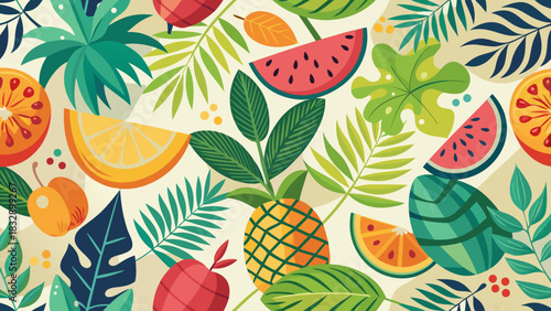 Vibrant tropical fruit and leaf pattern with pineapple watermelon orange and citrus slices