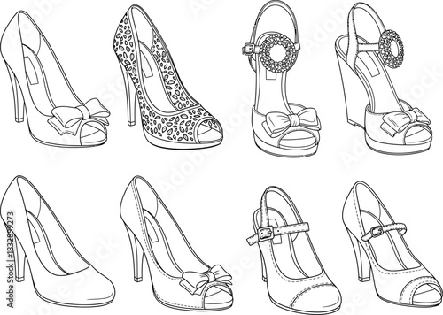 Collection of elegant high heel shoe illustrations in a clean line art style on a white background