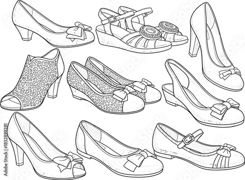 Collection of elegant vintage and modern women s footwear designs displayed in a charming sketch art style